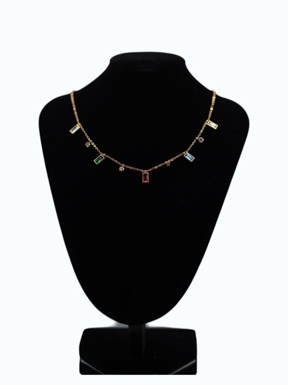 UTC Gold Tone Rainbow Crystal Station Necklace | Dainty Baguette Charm Necklace